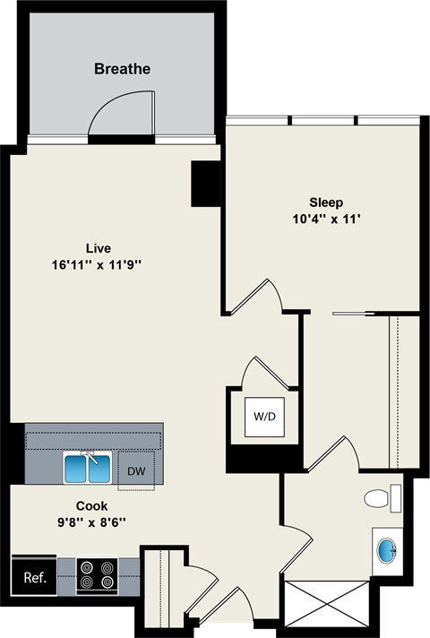 Floor plan for 1 bed, 1 bath, 674 sqft